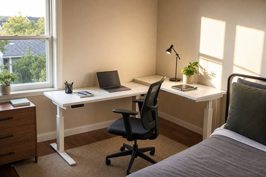 Bureau d'angle réglable en hauteur blanc installé dans un coin de chambre, ordinateur portable d'un côté et lampe de l'autre