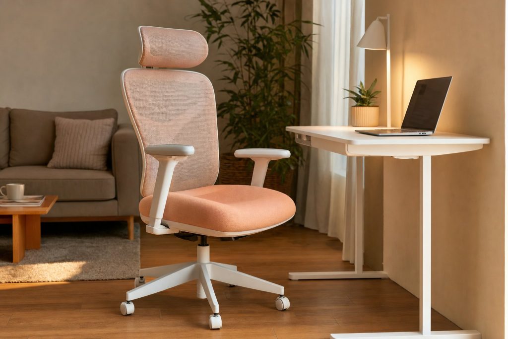 Chaise de bureau ergonomique en maille couleur pêche à piètement blanc, installée dans un coin de salon devant un petit bureau blanc